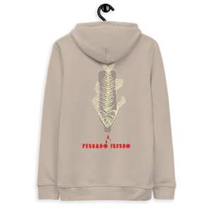 Sudadera con capucha de algodón orgánico EDICIÓN SUPERLIMITADA 10 UD. Color arcilla claro. Ilustración "Pescado Fresco". Crowdfunding de recompensa hoodie Retinta®️ Surf, Skate y Snowboard, marca de Tarifa, Cádiz. Campaña "Born to be WIld surf project". Microfinanciación colectiva.
