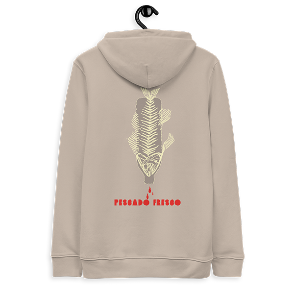 Sudadera con capucha de algodón orgánico EDICIÓN SUPERLIMITADA 10 UD. Color arcilla claro. Ilustración "Pescado Fresco". Crowdfunding de recompensa hoodie Retinta®️ Surf, Skate y Snowboard, marca de Tarifa, Cádiz. Campaña "Born to be WIld surf project". Microfinanciación colectiva.
