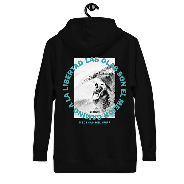 Sudadera con capucha EDICIÓN SUPERLIMITADA 10 UD. Color Negro. Ilustración espalda "Libertad". Crowdfunding de recompensa hoodie Retinta®️ Surf, Skate y Snowboard, marca de Tarifa, Cádiz. Campaña "Born to be WIld surf project". Microfinanciación participativa.