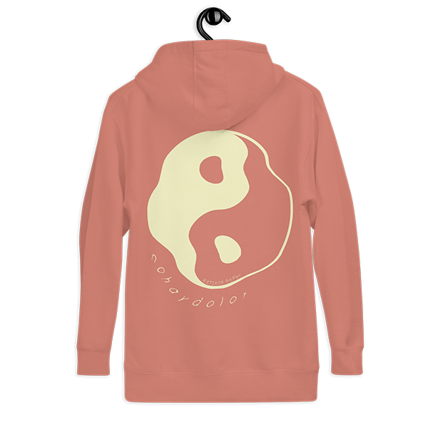 Sudadera con capucha EDICIÓN SUPERLIMITADA 10 UD. Color Rosa Chic. Ilustración espalda YIN YANG "No hay dolor". Crowdfunding de recompensa hoodie Retinta®️ Surf, Skate y Snowboard, marca de Tarifa, Cádiz. Campaña "Born to be WIld surf project". Microfinanciación participativa.