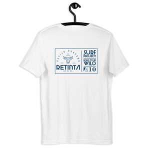 Camiseta Blanca Edición limitada Crowdfunding de recompensa Retinta®️ Surf, Skate y Snowboard, marca de Tarifa, Cádiz. Impreso en la espalda el emblema de la Campaña "Born to be WIld surf project". Microfinanciación colectiva.